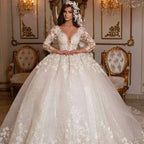 Vintage 2023 Lace Wedding Dresses Princess Ball Gown Beading Bridal Gowns Shinny Tulle Long Sleeves Ivory Dubai Marriage Dress