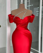 Vintage Column Off-the-shoulder Short Sleeve Beading Satin Prom Dresses