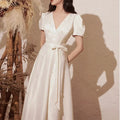 Elegant V-neck Wedding Party Dresses Belt Lace Up Slim Waist Pull Sleeve Evening Dress Simple Beading French Chic Robe