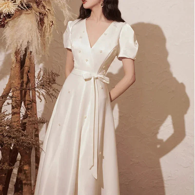 Elegant V-neck Wedding Party Dresses Belt Lace Up Slim Waist Pull Sleeve Evening Dress Simple Beading French Chic Robe
