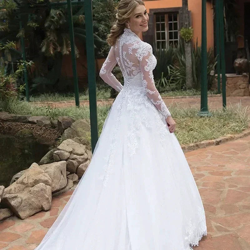 Vintage Italian white bridal dress Lace applique long sleeve tulle sweetheart Sweep Train Saudi Arabian trouw jurken dames