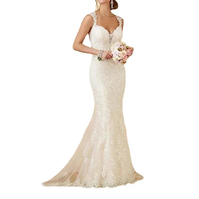 Vintage Lace Garden Wedding Dresses Sweetheart Open Back Wide Straps Mermaid Bride Wedding Gowns Long Train vestidos de novia