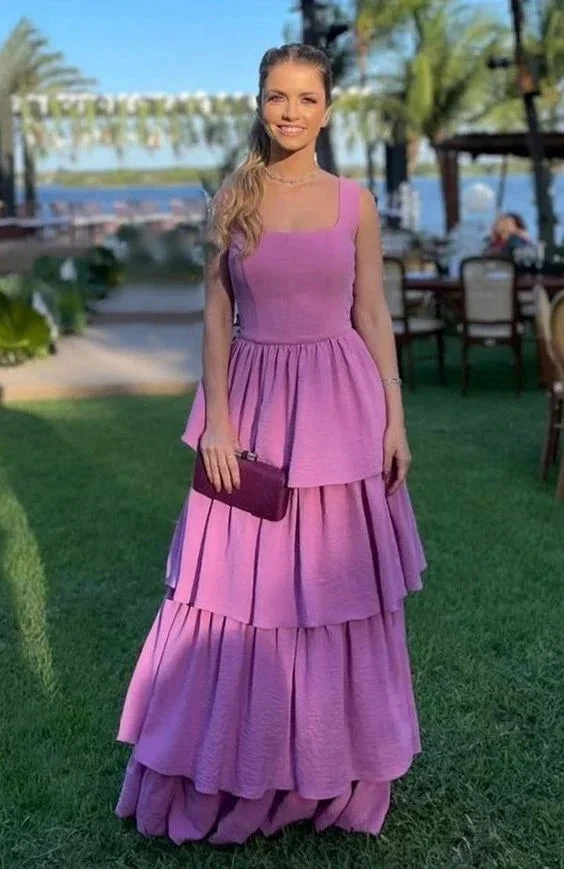 A Line Purple Prom Dresses,Tiered Stretch Satin Evening Dress Y4056