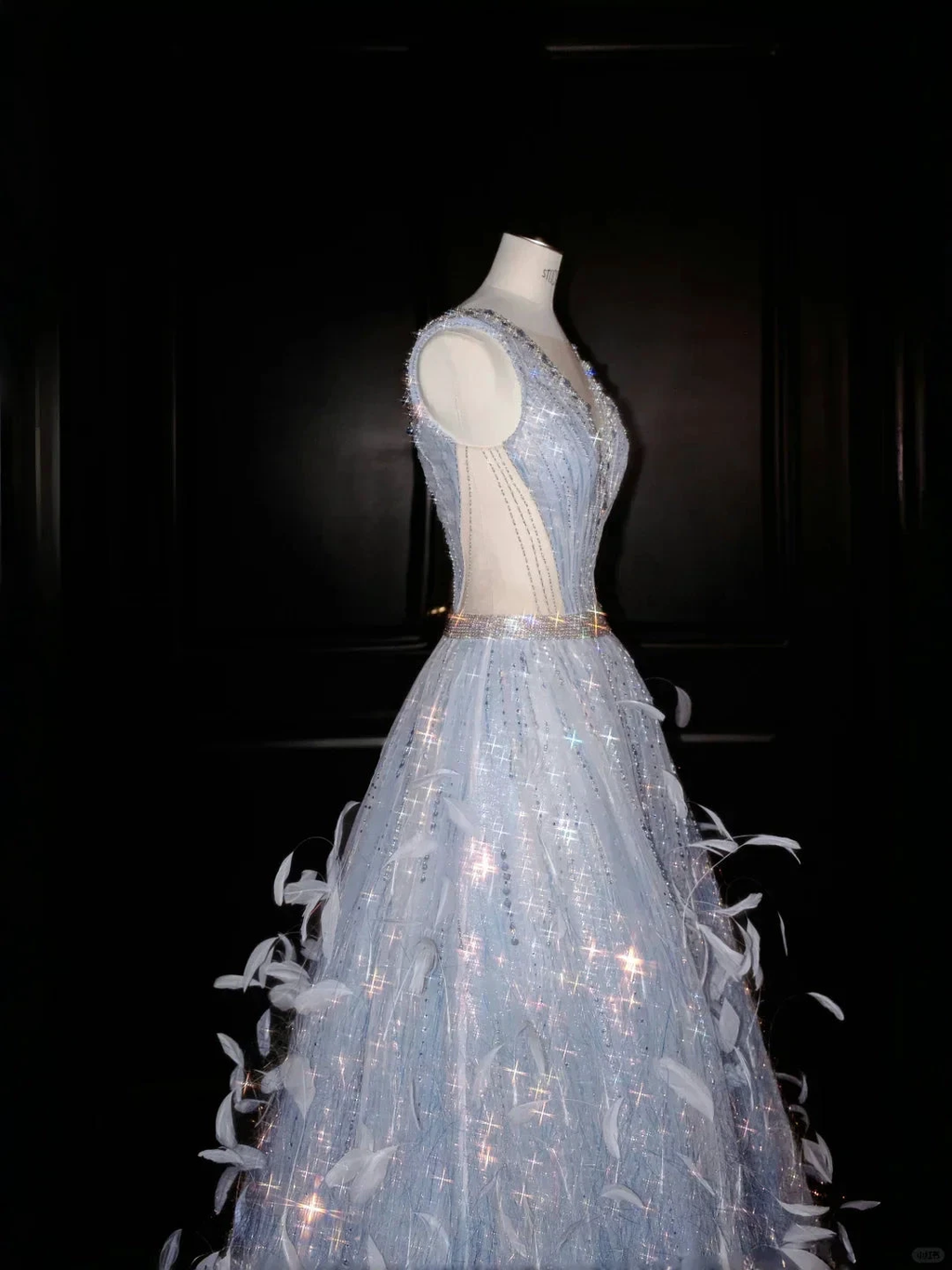 Glamorous V Neck Tulle Beaded Feathers A Line Prom Dress Evening Dress Y8682