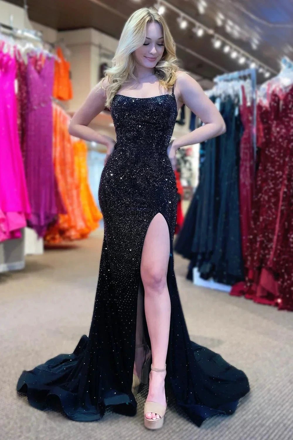 Emelia |Mermaid Spaghettti Strap Beaded Satin Prom Dress with Slit