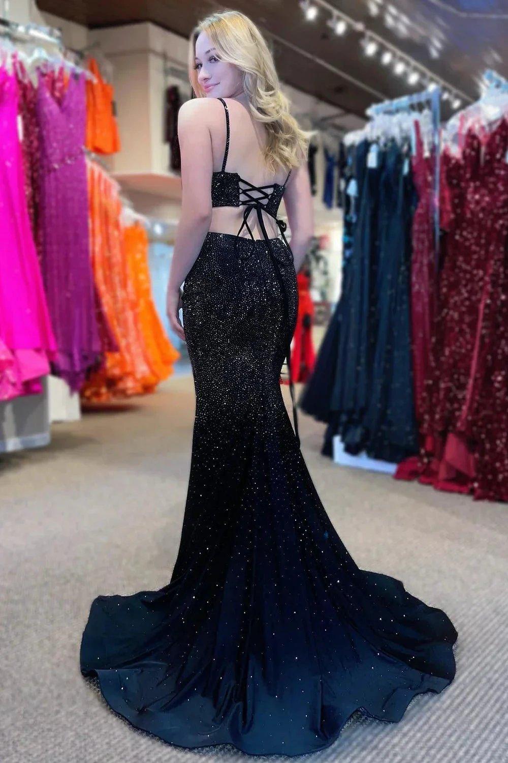 Emelia |Mermaid Spaghettti Strap Beaded Satin Prom Dress with Slit