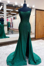 Emelia |Mermaid Spaghettti Strap Beaded Satin Prom Dress with Slit