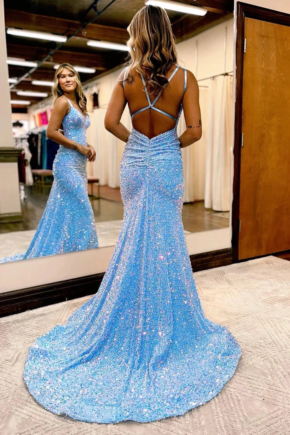 Maddison |Sparkly Blue Mermaid Sequins Long Backless Prom Dress