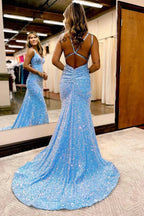 Maddison |Sparkly Blue Mermaid Sequins Long Backless Prom Dress