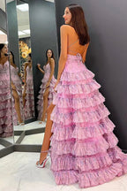 Lena |A Line Spaghetti Straps Printed Tulle Prom Dress with Ruffles