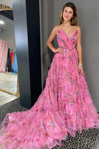 Izabella |A-Line Sweetheart Floral Printed Tulle Prom Dress with Slit