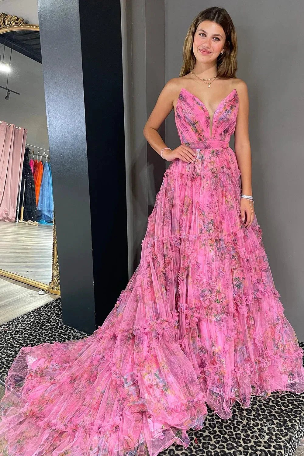 Izabella |A-Line Sweetheart Floral Printed Tulle Prom Dress with Slit