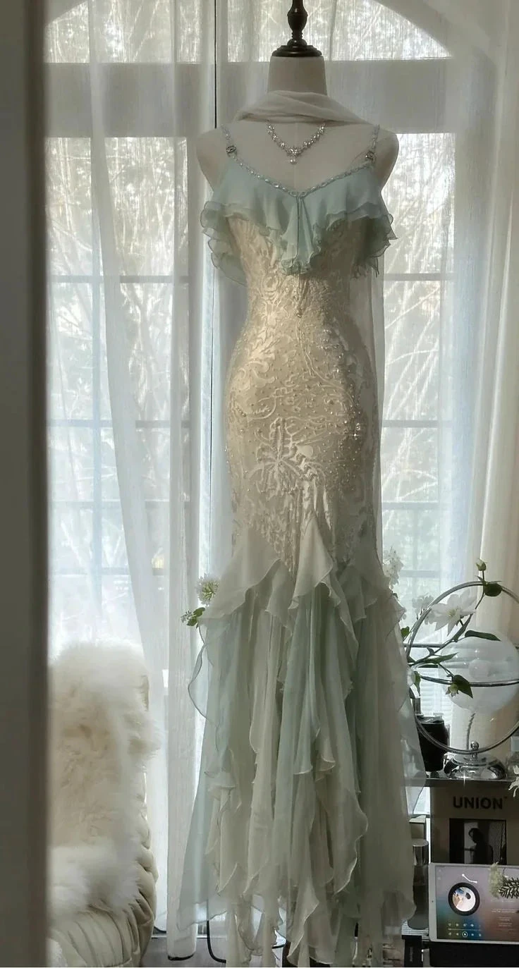 Classy Mint Green Temperament Mermaid Spaghetti Strap Chiffon Beaded Evening Dress Formal Prom Dress Y8546