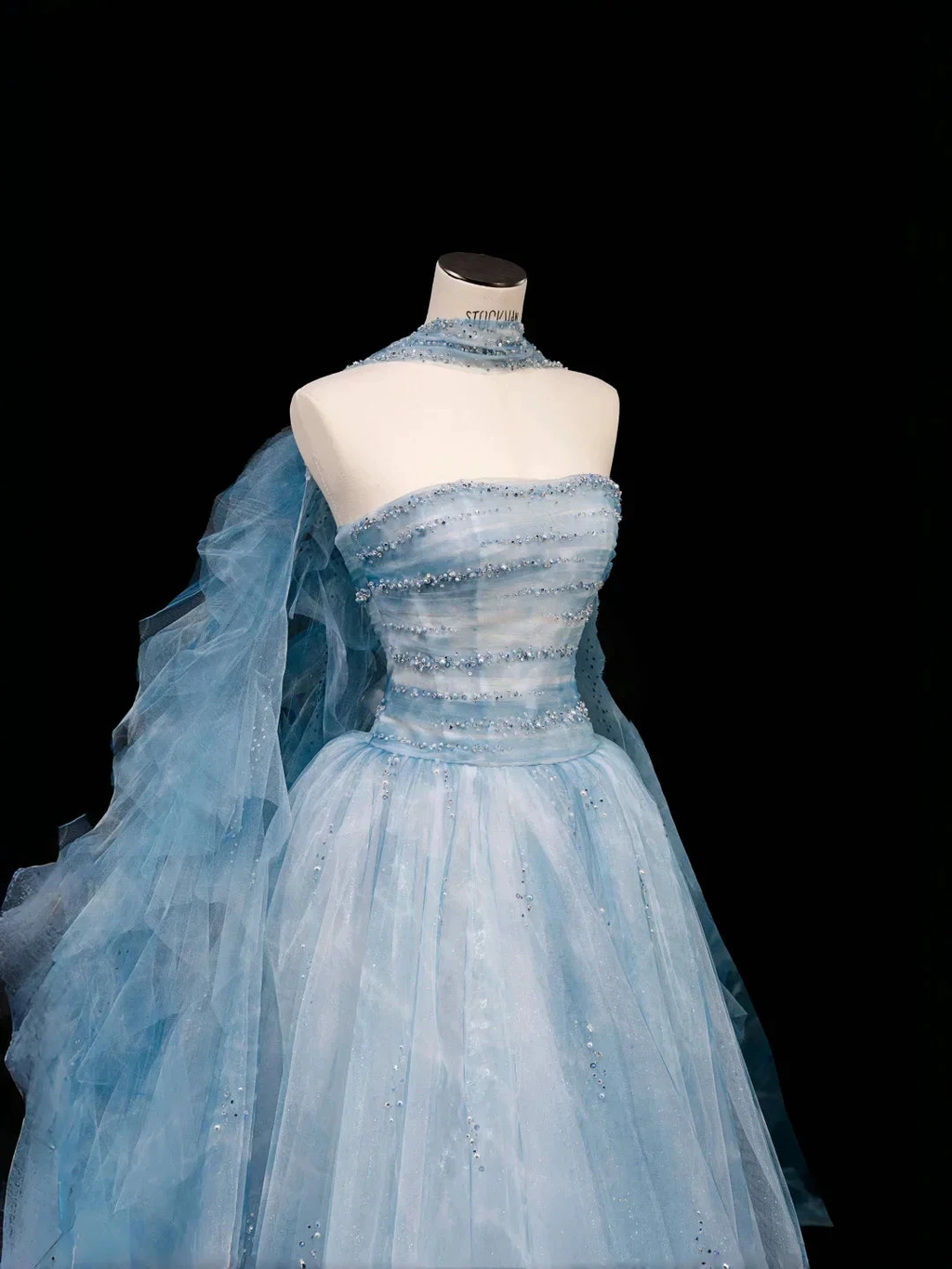 Dream Blue Tulle Beaded A Line Prom Dress Long Evening Dress Y8691