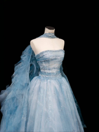 Dream Blue Tulle Beaded A Line Prom Dress Long Evening Dress Y8691