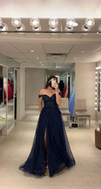 Off The Shoulder Navy Evening Dress With Split Navy Blue Graduation Dress Y6781
