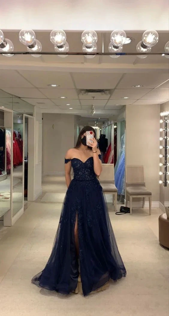 Off The Shoulder Navy Evening Dress With Split Navy Blue Graduation Dress Y6781