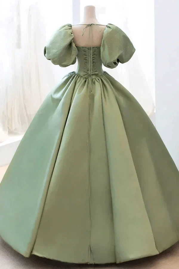 Satin Ball Gown Long Prom Dress Short Sleeves Evening Dress Y4313