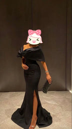 Women's Elegant Long Black Evening Dresses with Slit Off the Shoulder Mermaid Prom Dress Y4760