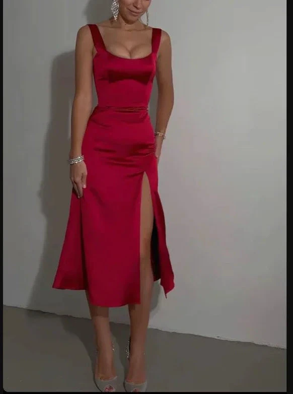 Mid Length Cocktail Dress Front Slit Long Party Dress Short Satin Prom Dresses Y695