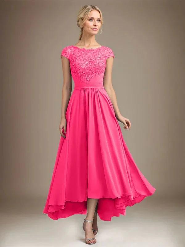 A-line Scoop Illusion Asymmetrical Lace Chiffon Mother of the Bride Dress With Pleated