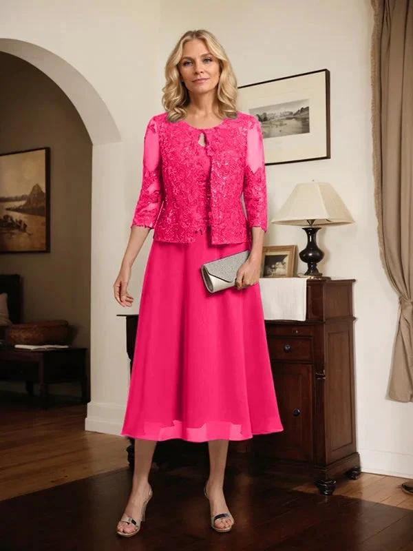 A-line Scoop Tea-Length Lace Chiffon Mother of the Bride Dress With Sequins