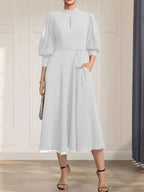 A-line High Neck Tea-Length Lace Chiffon Mother of the Bride Dress With Bow