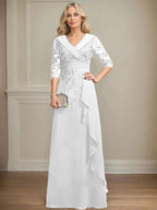 A-line Collared V-Neck Floor-Length Lace Chiffon Mother of the Bride Dress With Sequins Cascading Ruffles