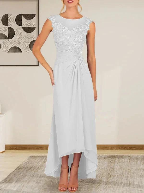 Champagne A-Line Scoop Lace Chiffon Dress