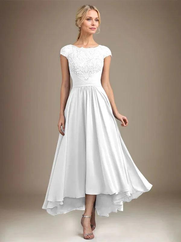 A-line Scoop Illusion Asymmetrical Lace Chiffon Mother of the Bride Dress With Pleated