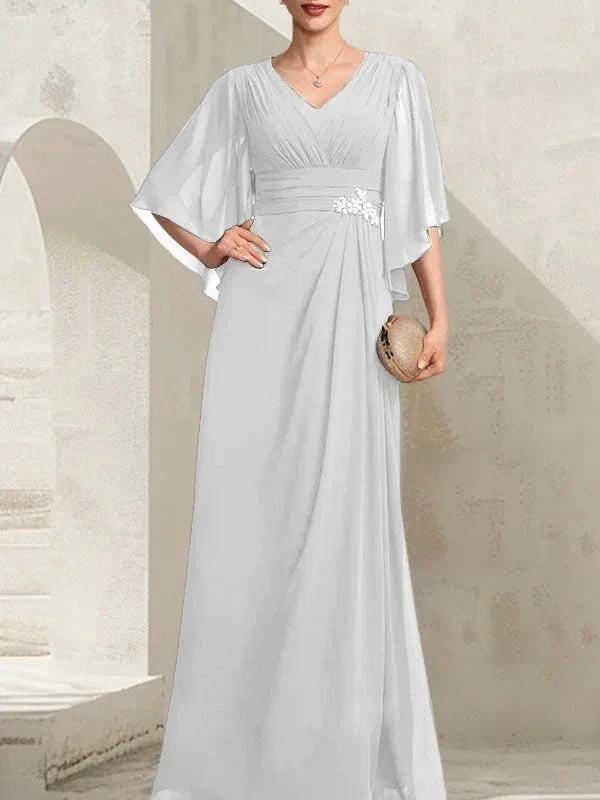 Sheath/Column V-Neck Floor-Length Chiffon Mother of the Bride Dress With Pleated Sequins Beading
