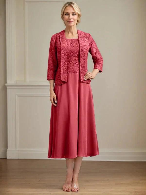A-line Scoop Tea-Length Lace Chiffon Mother of the Bride Dress