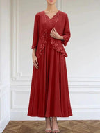 A-line V-Neck Ankle-Length Chiffon Mother of the Bride Dress With Sequins Appliques Lace Beading