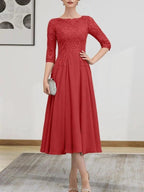 A-line Scoop Illusion Tea-Length Chiffon Lace Mother of the Bride Dress With Beading Sequins