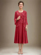 A-line Scoop Tea-Length Lace Chiffon Mother of the Bride Dress With Sequins