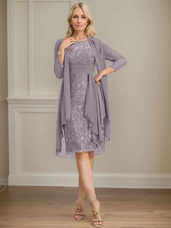 Sheath/Column Scoop Illusion Knee-Length Lace Chiffon Mother of the Bride Dress With Cascading Ruffles Sequins