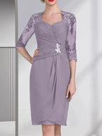 Sheath/Column Sweetheart Knee-Length Chiffon Mother of the Bride Dress With Beading Appliques Lace Sequins Pleated
