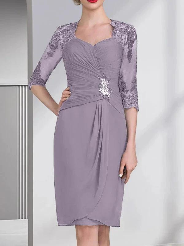 Sheath/Column Sweetheart Knee-Length Chiffon Mother of the Bride Dress With Beading Appliques Lace Sequins Pleated