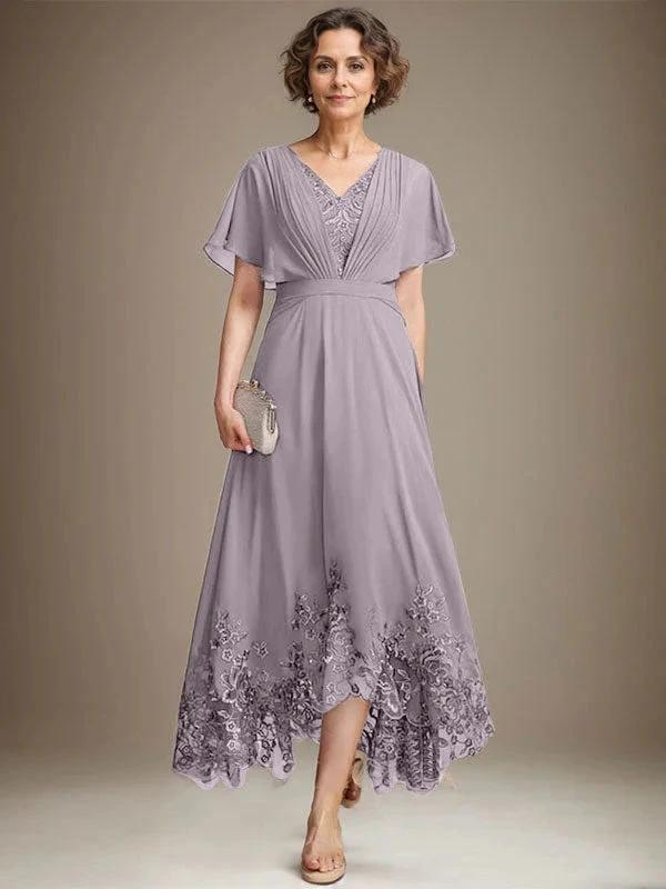 A-line V-Neck Asymmetrical Lace Chiffon Mother of the Bride Dress With Pleated