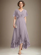 A-line V-Neck Asymmetrical Lace Chiffon Mother of the Bride Dress With Pleated