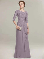 A-line Scoop Illusion Floor-Length Lace Chiffon Mother of the Bride Dress With Cascading Ruffles