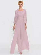 3 Piece Chiffon Square Neck Mother of the Bride Pantsuits with Jacket