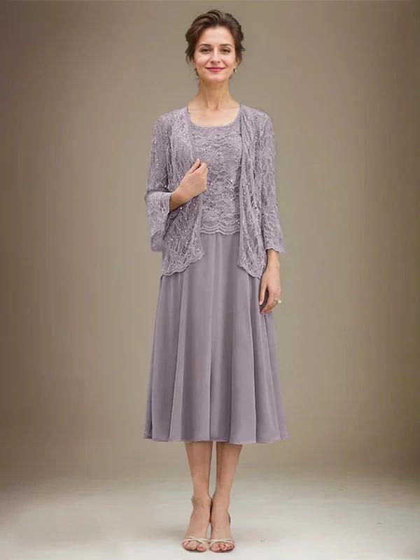 A-line Scoop Tea-Length Lace Chiffon Mother of the Bride Dress With Sequins