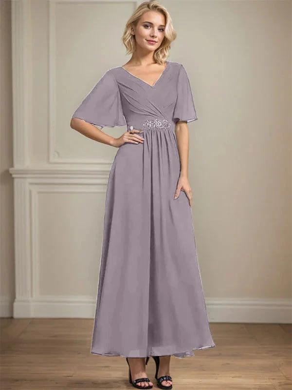A-line V-Neck Ankle-Length Chiffon Mother of the Bride Dress With Pleated Beading Sequins