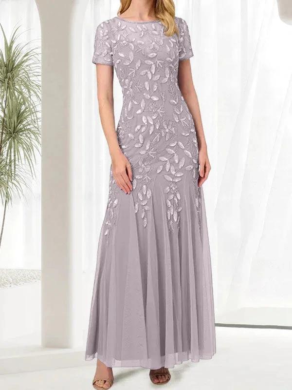Blue Mermaid Round Neck Long Mother of the Bride Dress With Beadings