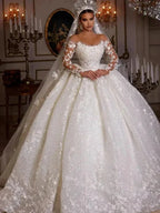 Women's Luxury Lace Wedding Dresses Dubai Long Sleeves Sequins Beads Sheer Neck Appliques Glitter Tulle Bride Gowns Vestido Noiv