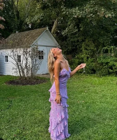 Charming Spaghetti Straps Lavender Chiffon Print Floral Evening Dress Ruffles Long Prom Dress Y8266