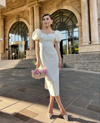 Retro Style White Midi-length Wedding Dress,Engagement Dress Y5257