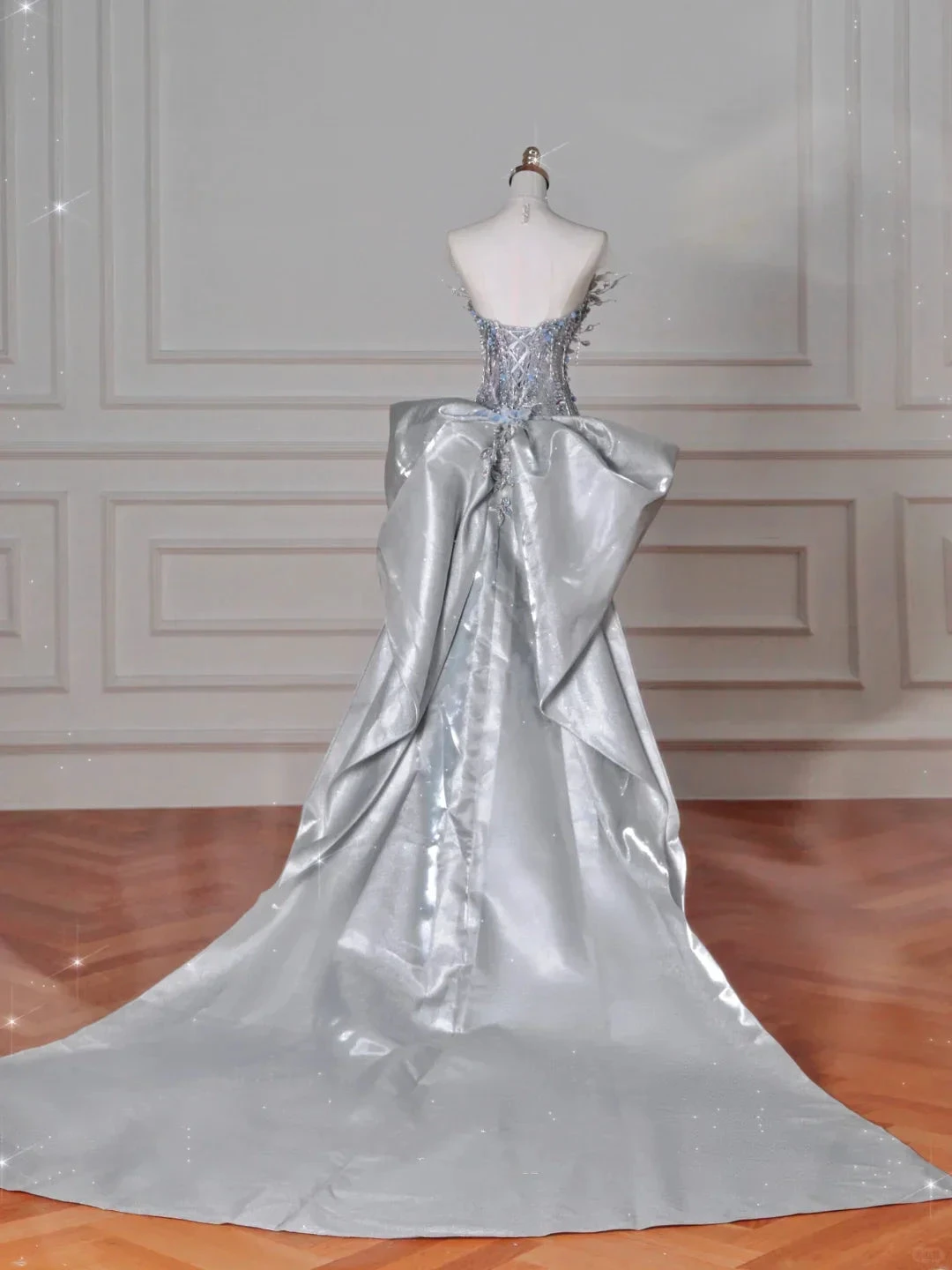 Luxury Silver Sequin 3D Beaded Mermaid Evening Dress Long Prom Dress With Bow Y8640
