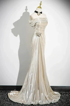 Charming Champagne Off The Shoulder Satin Prom Dress Mermaid Evening Gown Y8202